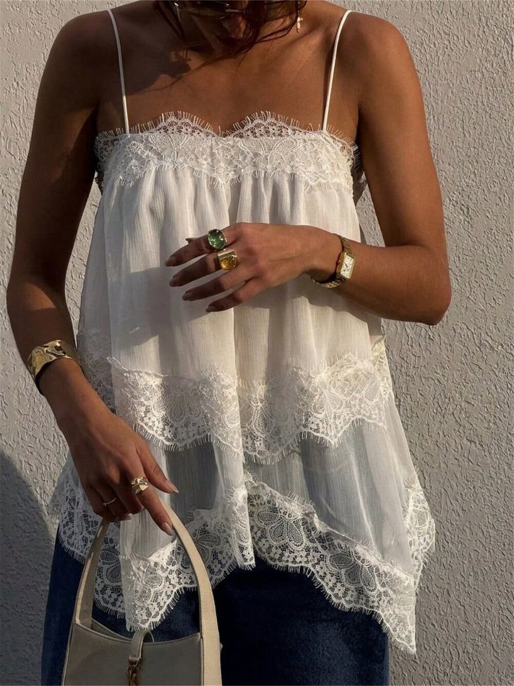Apricot Casual Women's Elegant Chiffon Ruched Lace Patchwork Tie-Back Camisole